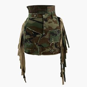 Distressed Camo Mini Skirt w Side Fringe, Size Small, NWT